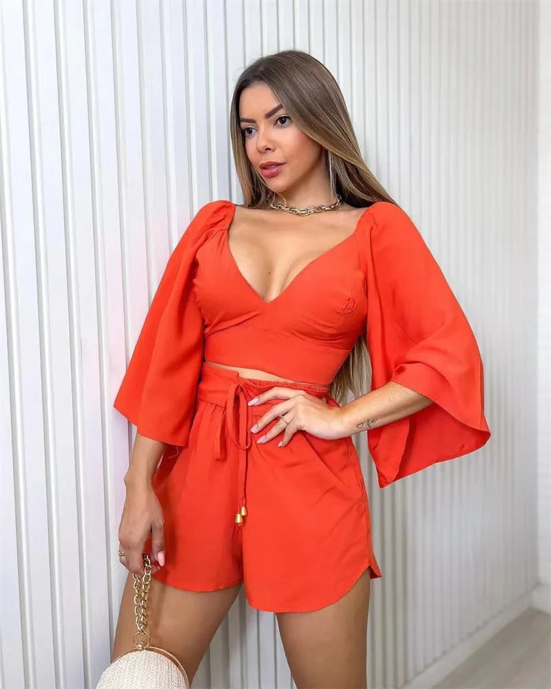 Sexy Deep V-Neck Shirt Short Sets