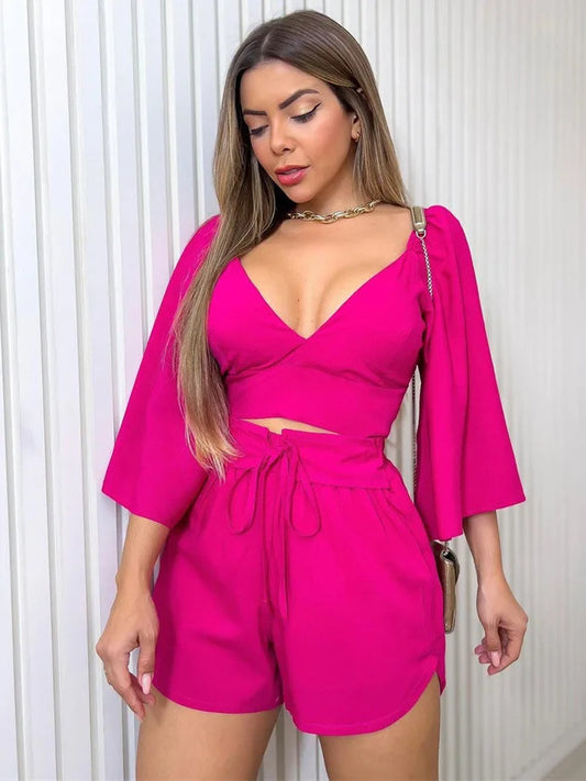 Sexy Deep V-Neck Shirt Short Sets