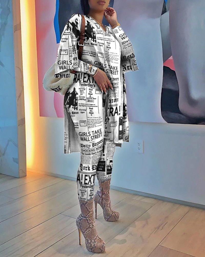 Newspaper Print Tops And Pants  High Waist Casual Suit 2 Piece