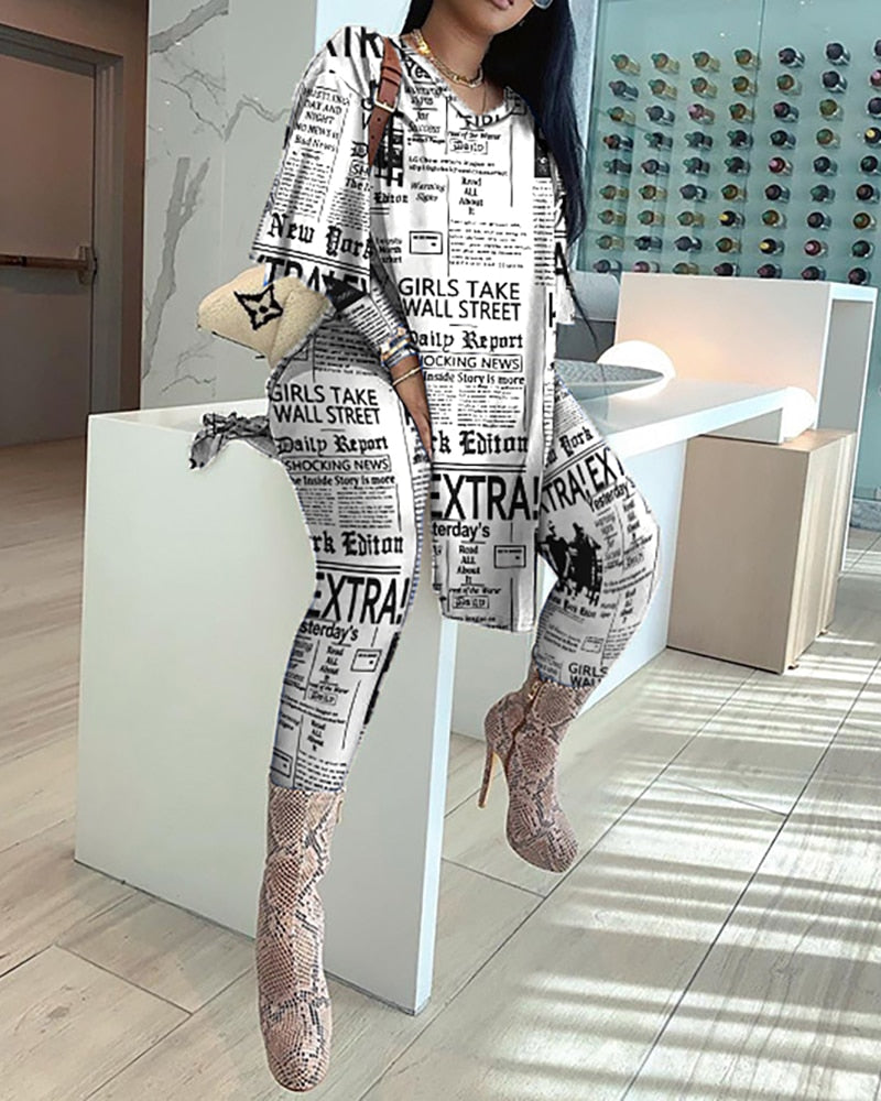 Newspaper Print Tops And Pants  High Waist Casual Suit 2 Piece