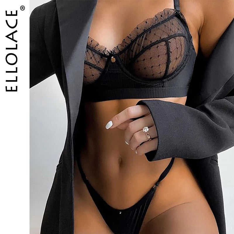 Ellolace Ruffle Lace Lingerie Sexy Women&#39;s Underwear Transparent Short Skin Care Kits Sexy Lace Bra Brief Sets Erotic Intimate