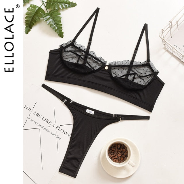 Ellolace Ruffle Lace Lingerie Sexy Women&#39;s Underwear Transparent Short Skin Care Kits Sexy Lace Bra Brief Sets Erotic Intimate