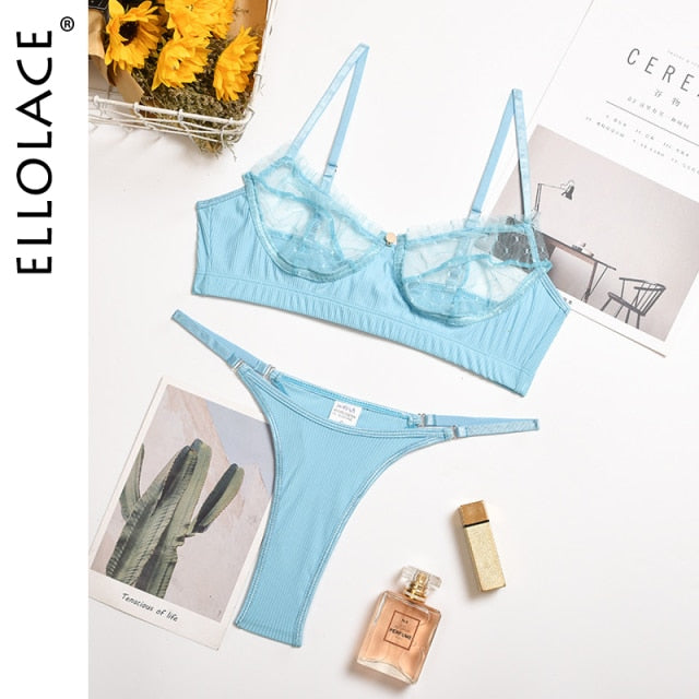 Ellolace Ruffle Lace Lingerie Sexy Women&#39;s Underwear Transparent Short Skin Care Kits Sexy Lace Bra Brief Sets Erotic Intimate