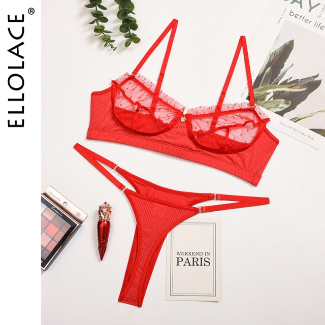 Ellolace Ruffle Lace Lingerie Sexy Women&#39;s Underwear Transparent Short Skin Care Kits Sexy Lace Bra Brief Sets Erotic Intimate