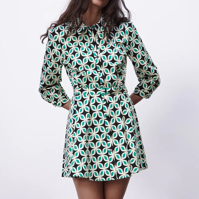 Chain Print Belt Casual Shirt Dress