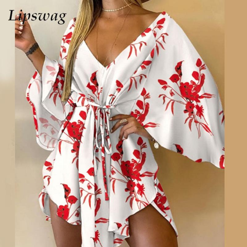 Sexy V-Neck Women Mini Dress Casual Leaf Leopard