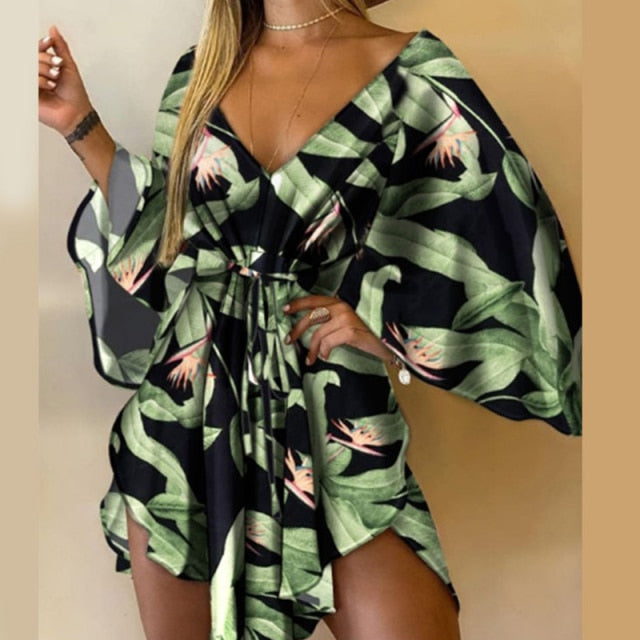 Sexy V-Neck Women Mini Dress Casual Leaf Leopard